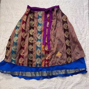 Modern Sari Inspired Wrap Maxi Skirt Blue Gold Brown Boho Adjustable One Size